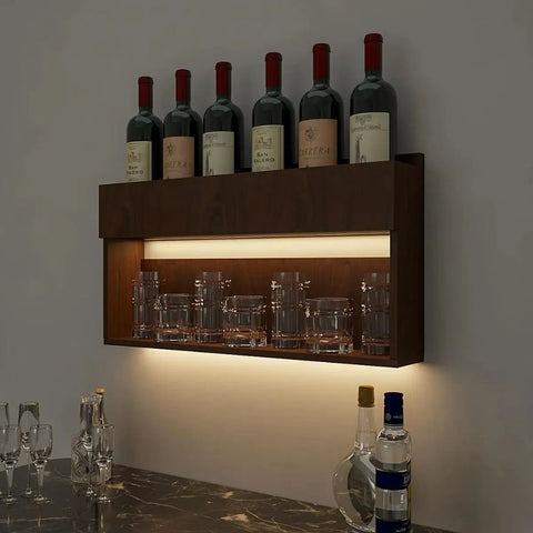 Engineered Wood Backlit Bar Wall Shelf / Mini Bar Cabinet in Walnut Finish