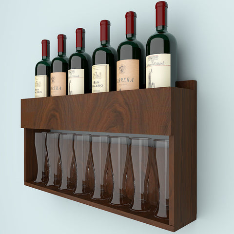 Engineered Wood Backlit Bar Wall Shelf / Mini Bar Cabinet in Walnut Finish