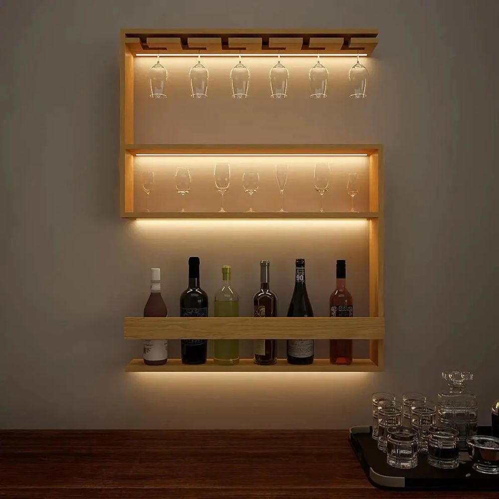 Modern Backlit Wooden Bar Wall Shelf / Mini Bar Cabinet in Light Oak Finish