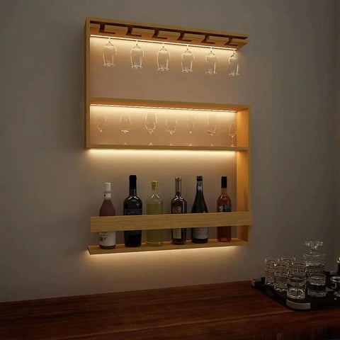 Modern Backlit Wooden Bar Wall Shelf / Mini Bar Cabinet in Light Oak Finish