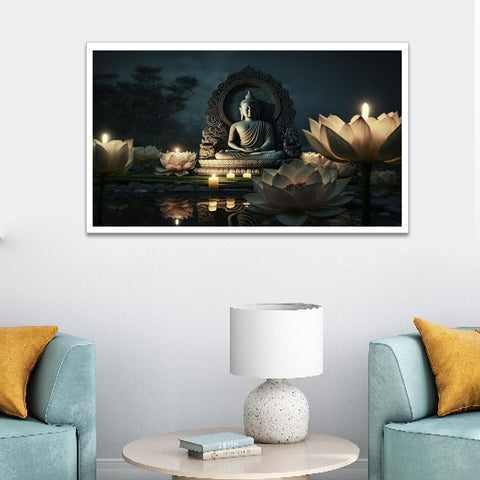 Lord Buddha Meditating in Lotus Floating Frame Canvas Wall Painting