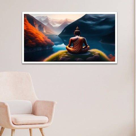 Buddha Sitting on a Rock Overlooking a Lake Floating Frame Canvas Wall Painting