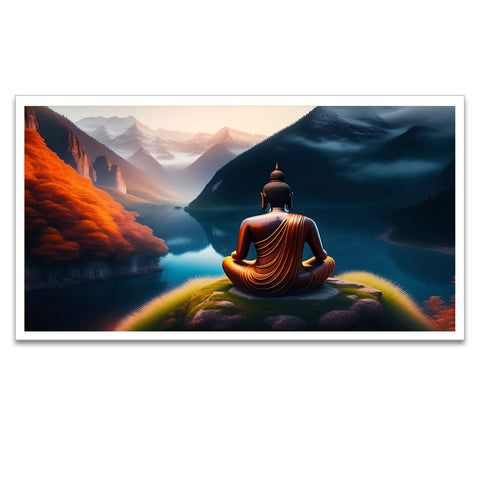 Buddha Sitting on a Rock Overlooking a Lake Floating Frame Canvas Wall Painting