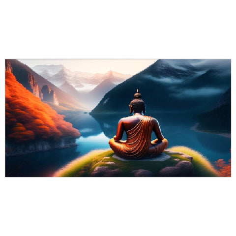 Buddha Sitting on a Rock Overlooking a Lake Floating Frame Canvas Wall Painting