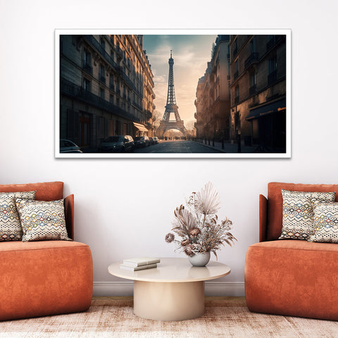 Beautiful Scenery of Sun Sets on Paris City Floating Frame Canvas Wall Painting