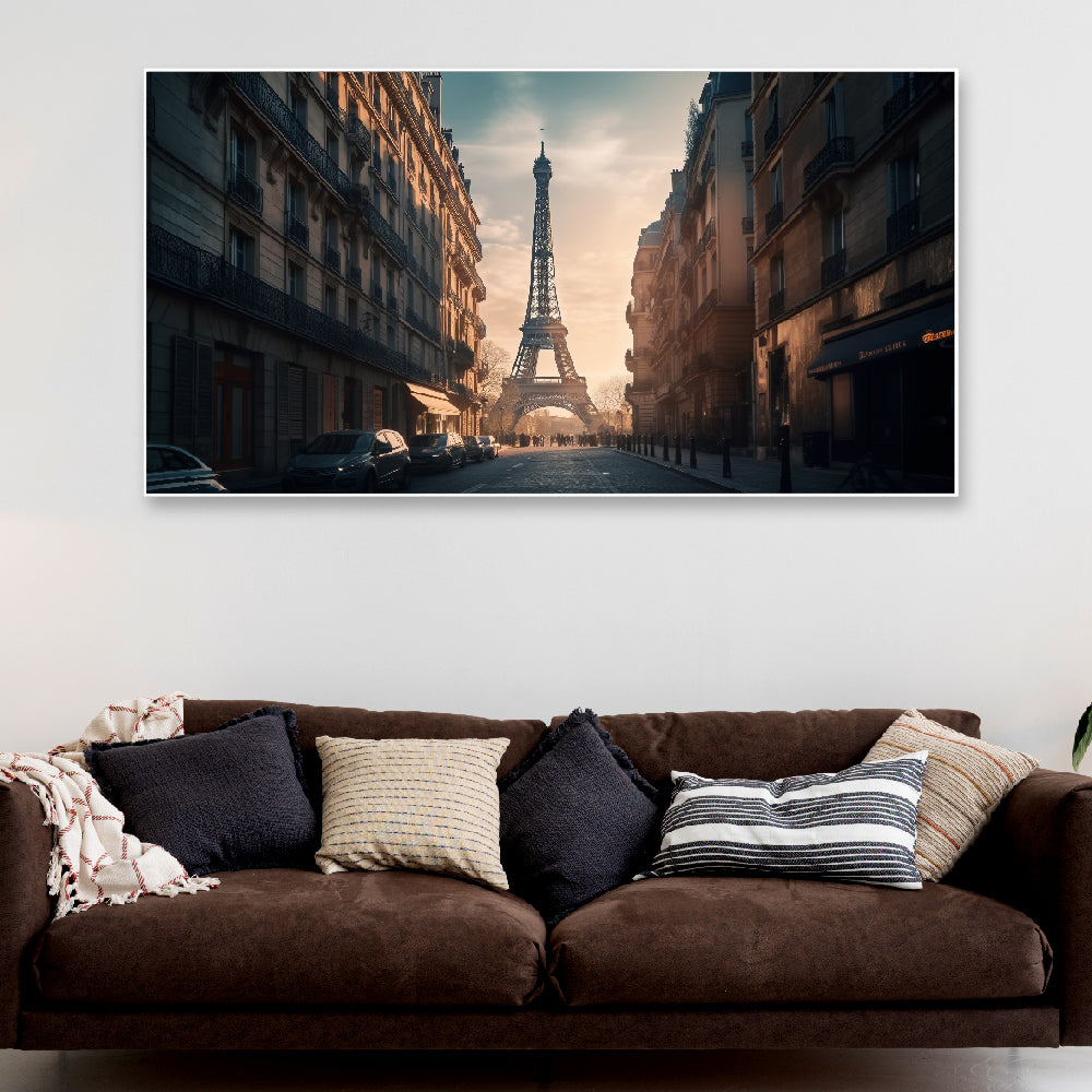 Beautiful Scenery of Sun Sets on Paris City Floating Frame Canvas Wall Painting