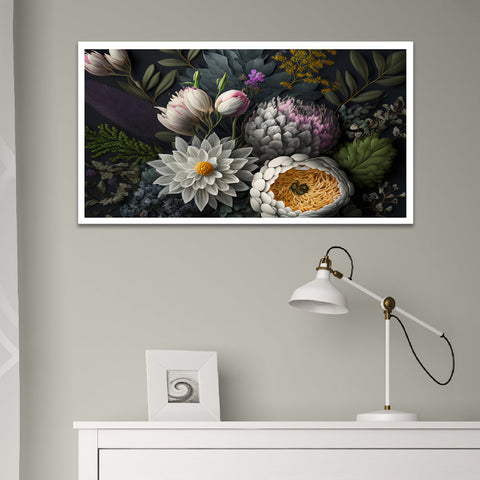 Assortment of Leaves and White Flowers Floating Frame Canvas Painting