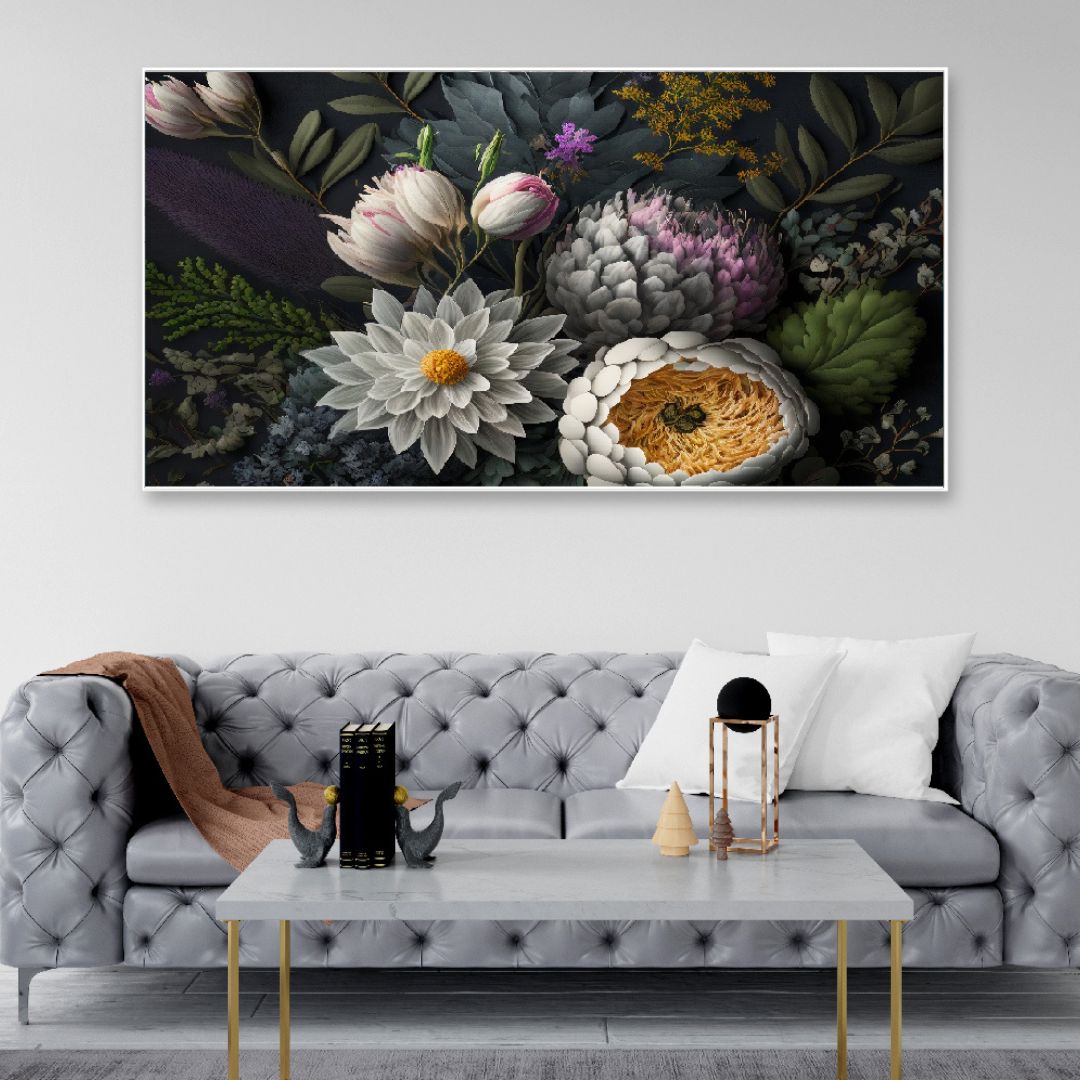 Assortment of Leaves and White Flowers Floating Frame Canvas Painting