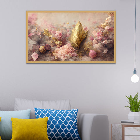 Elegant Flowers with Golden Leaf and Twigs Floating Framed Canvas Wall Painting