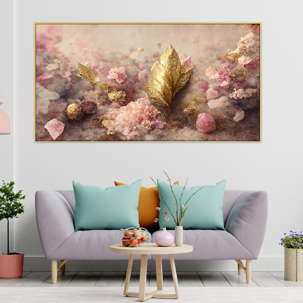 Elegant Flowers with Golden Leaf and Twigs Floating Framed Canvas Wall Painting