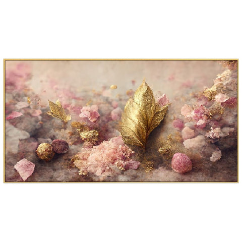 Elegant Flowers with Golden Leaf and Twigs Floating Framed Canvas Wall Painting