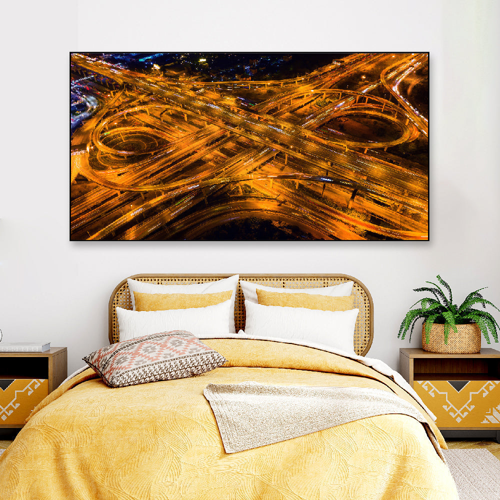 Aerial View of Traffic on Massive Highway Intersection at Night Floating Frame Canvas Wall Painting