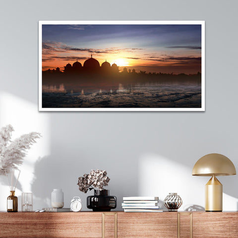 Beautiful Sunset Evening View silhouette of a mosque Floating Frame Canvas Wall Painting