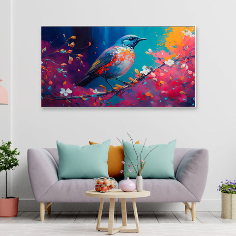 Colorful Blue Bird on the Branch Multicolor Floating Frame Canvas Wall Painting