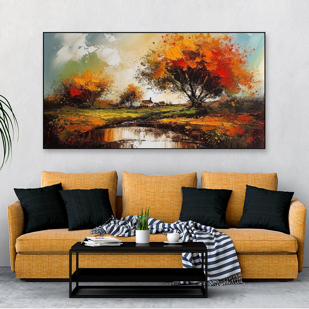 Beautiful Abstract Tree Forest River Floating Frame Landscape Canvas Wall Painting