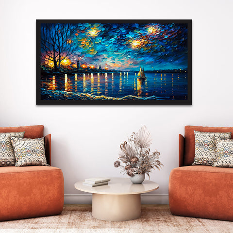 Beautiful Sailboat on the Water with the Night Sky Floating Frame Canvas Wall Painting