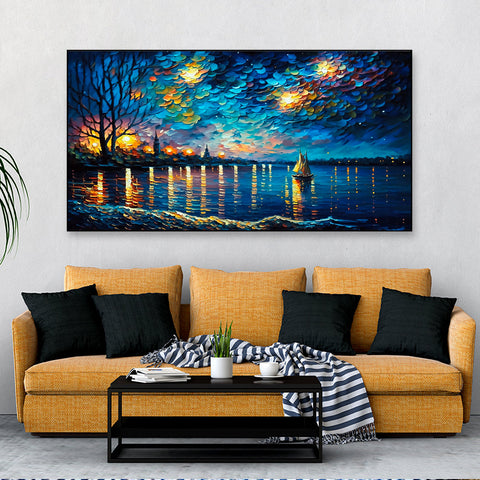 Beautiful Sailboat on the Water with the Night Sky Floating Frame Canvas Wall Painting