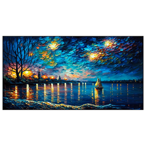 Beautiful Sailboat on the Water with the Night Sky Floating Frame Canvas Wall Painting