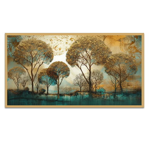 Abstract Gold and Blue Tree Landscape Floating Frame Landscape Canvas Wall Painting