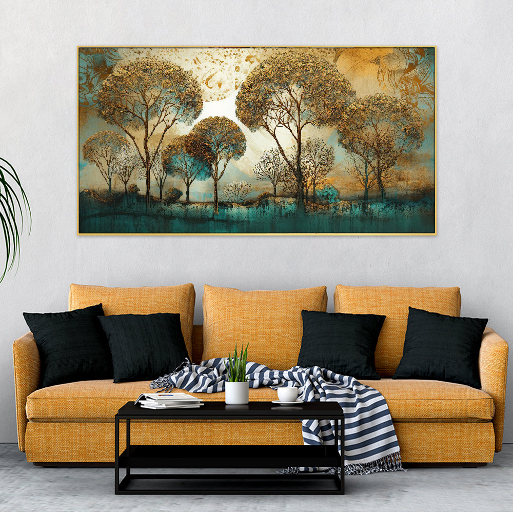 Abstract Gold and Blue Tree Landscape Floating Frame Landscape Canvas Wall Painting