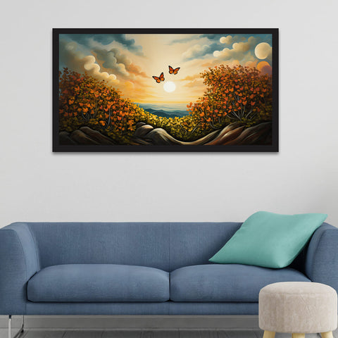 Beautiful Two Butterfly on Flowers with Sunrise Floating Frame Canvas Wall Painting