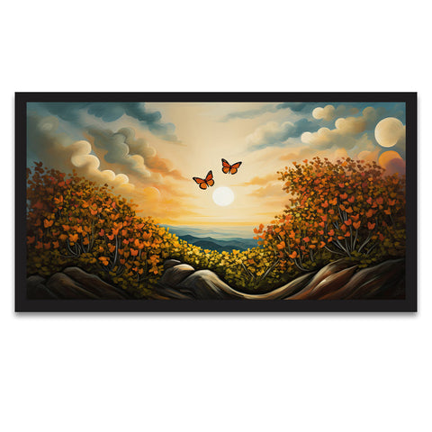 Beautiful Two Butterfly on Flowers with Sunrise Floating Frame Canvas Wall Painting