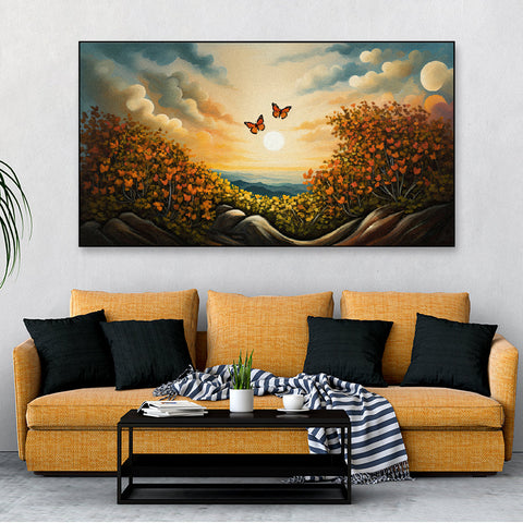 Beautiful Two Butterfly on Flowers with Sunrise Floating Frame Canvas Wall Painting