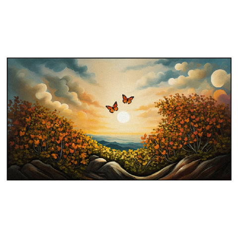 Beautiful Two Butterfly on Flowers with Sunrise Floating Frame Canvas Wall Painting