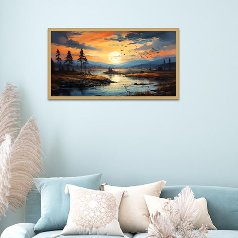 Beautiful Sunset Over River with Trees and Mountains Floating Frame Wall Painting