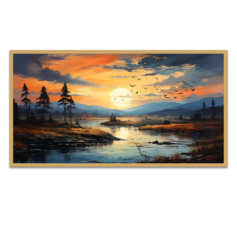 Beautiful Sunset Over River with Trees and Mountains Floating Frame Wall Painting