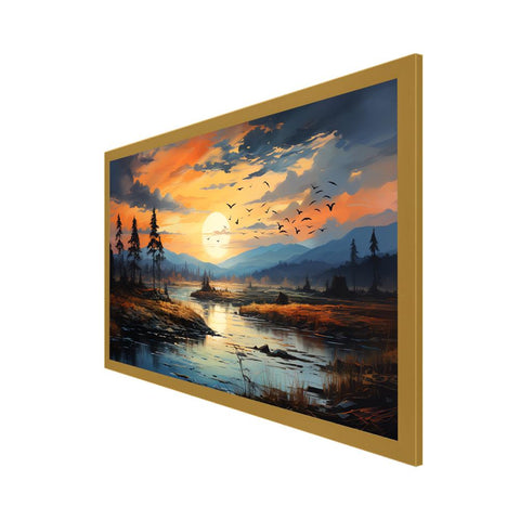 Beautiful Sunset Over River with Trees and Mountains Floating Frame Wall Painting