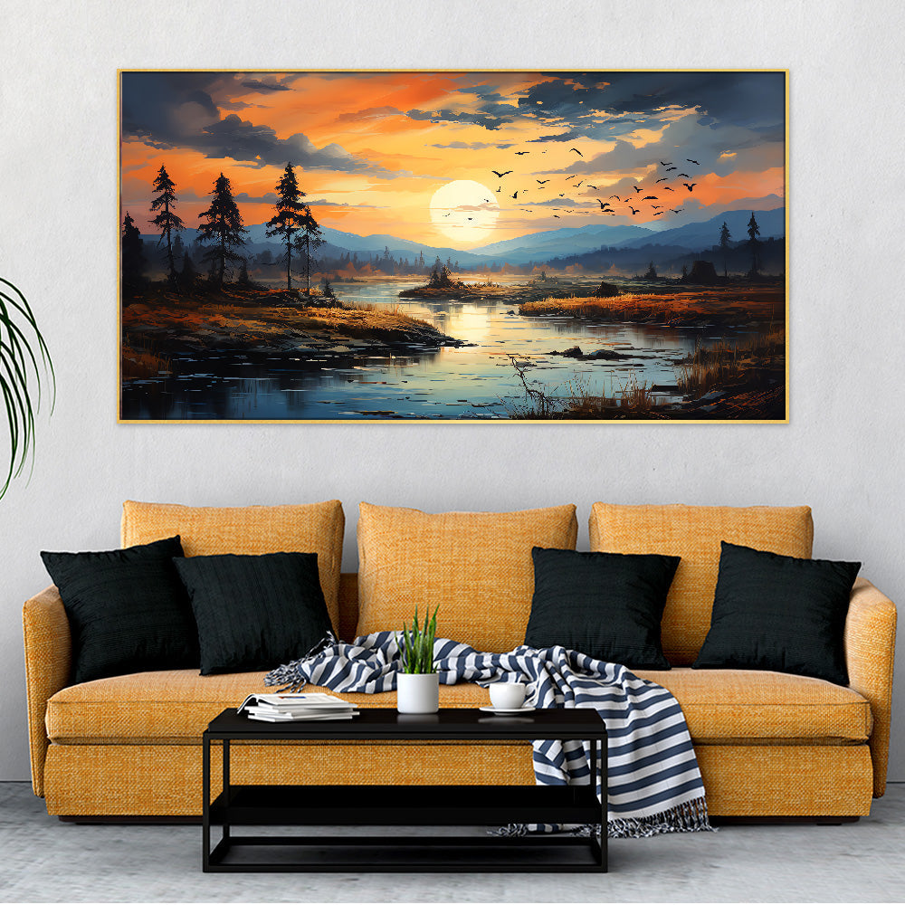 Beautiful Sunset Over River with Trees and Mountains Floating Frame Wall Painting