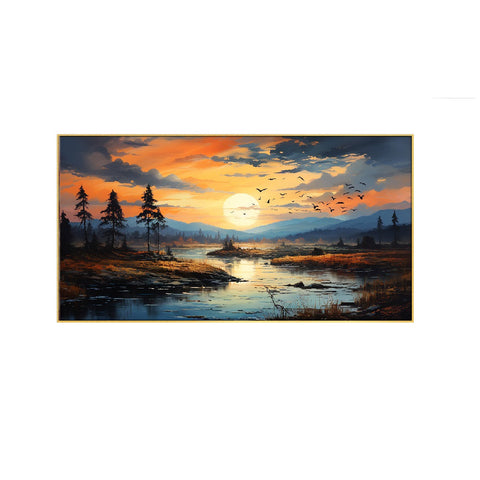 Beautiful Sunset Over River with Trees and Mountains Floating Frame Wall Painting