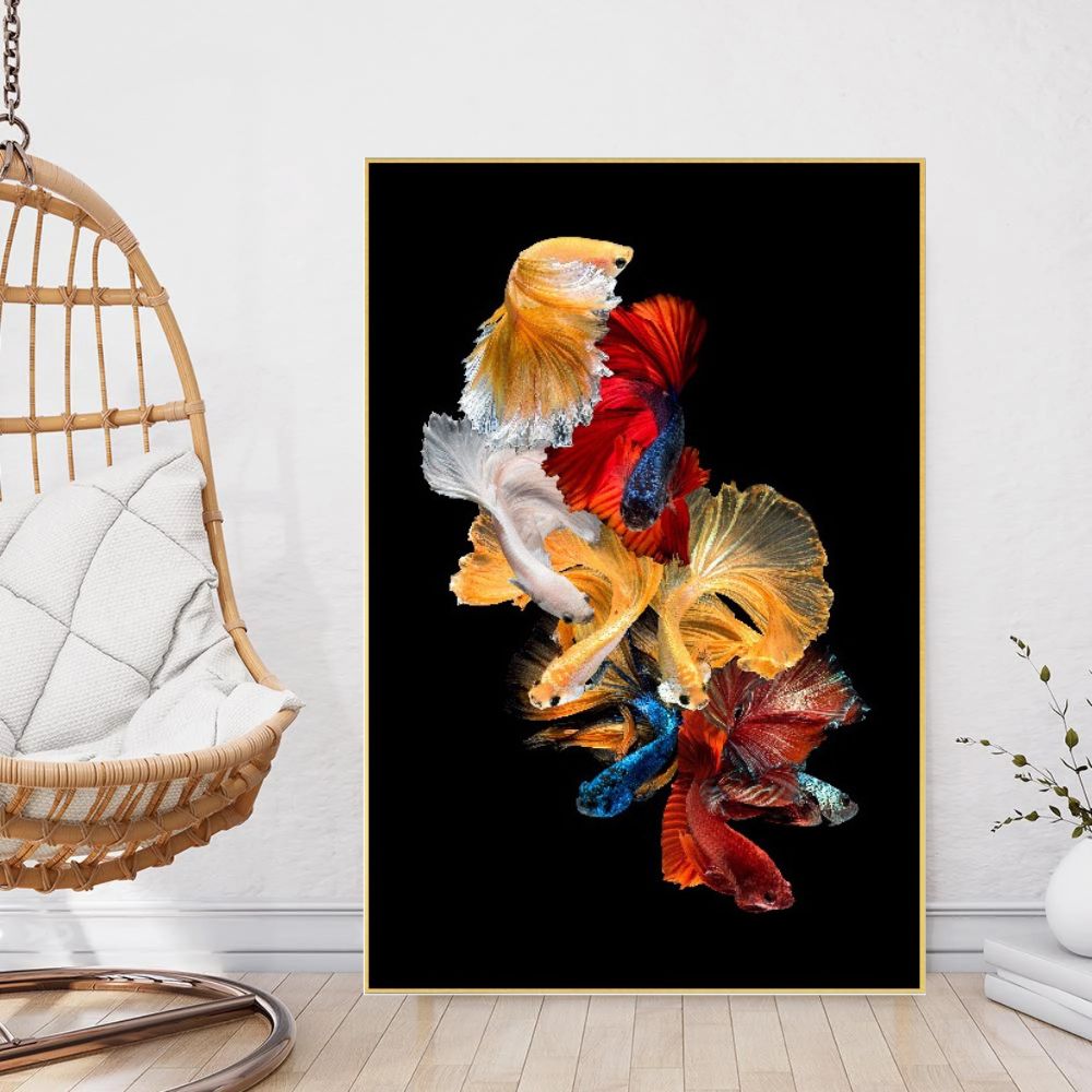 Abstract HD Luxury Gold Fish with Sequins Artwork Floating Frame Canvas Painting