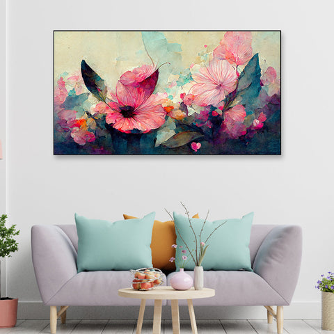 Abstract Modern Pink Floral Floating Frame Canvas Painting for Wall Decoration