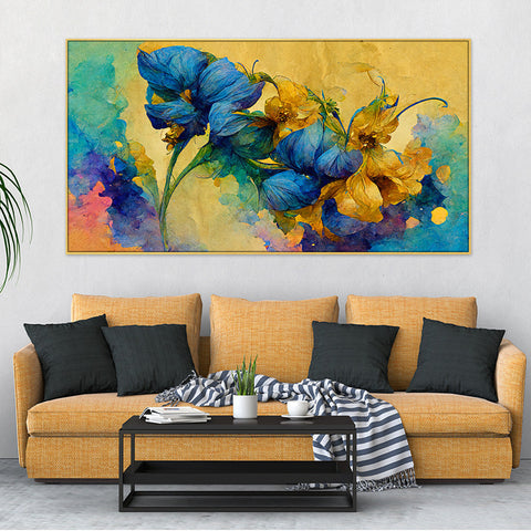 Abstract Blue and Gold floral Canvas Floating Frame Painting for Wall Decoration