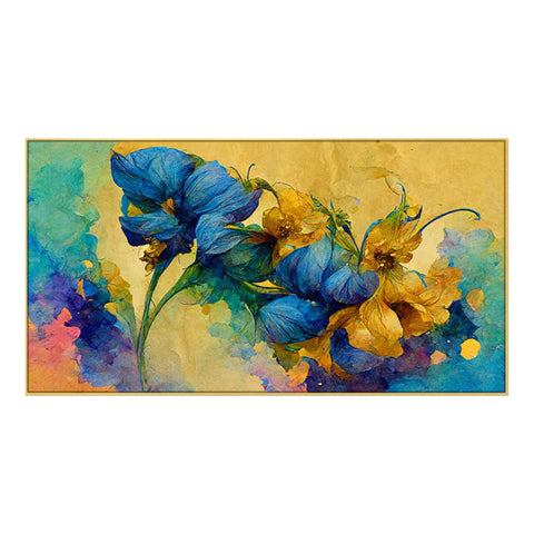 Abstract Blue and Gold floral Canvas Floating Frame Painting for Wall Decoration