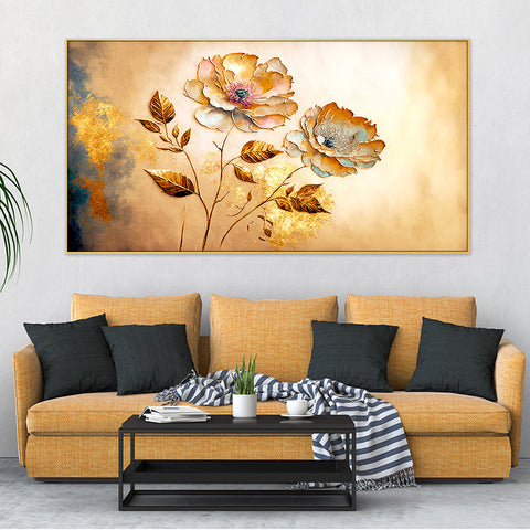 Golden Flower Abstract Canvas Floral Floating Framed Canvas Wall Painting