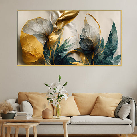 Abstract Elegant Golden Canvas Floral Framed Painting for Wall Decoration