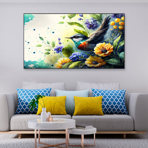 Adorable Bird with Flowers Canvas Framed Floral Painting for Wall Decoration