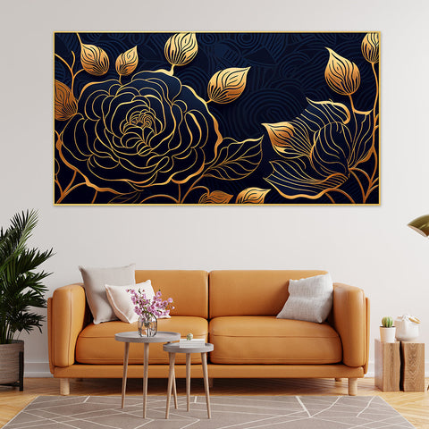 Gold Generative Luxury Rose Flowers Floating Framed Canvas Wall Painting