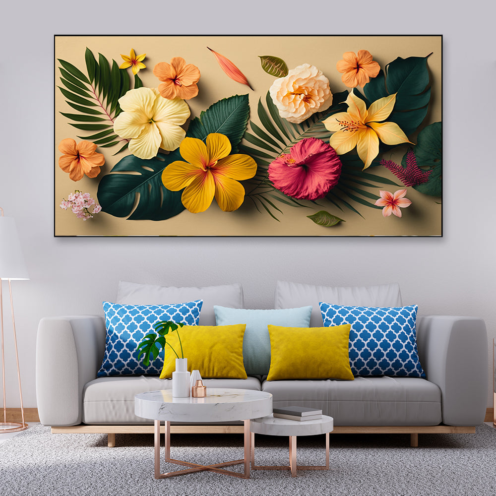 Beautiful Flower with Hibiscus Leaves Floating Frame Canvas Wall Painting