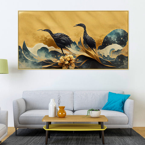 Crane Birds with Golden Flower Floating Frame Canvas Wall Painting