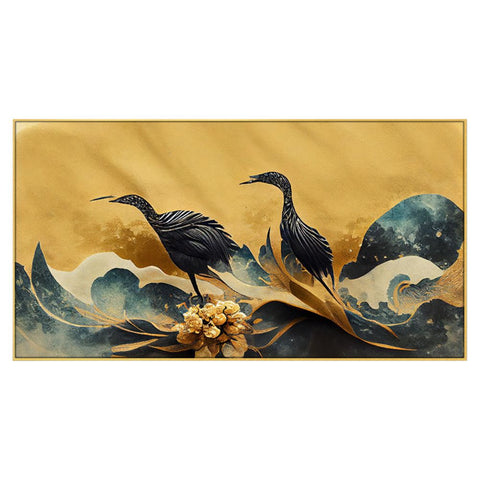 Crane Birds with Golden Flower Floating Frame Canvas Wall Painting