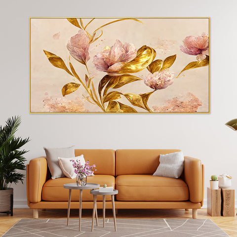 Pink Flower with Golden Leaf Floating Frame Canvas Wall Painting