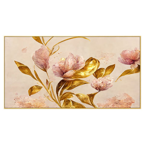 Pink Flower with Golden Leaf Floating Frame Canvas Wall Painting