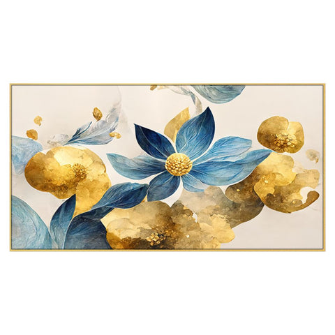 Elegant Blue Flowers with Golden Leaf Floating Framed Canvas Wall Painting