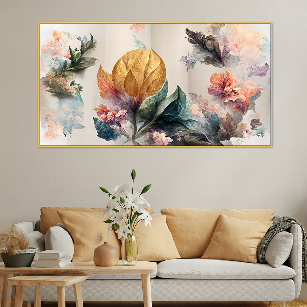 Luxurious Art of Golden Flowers Floating Frame Canvas Wall Painting