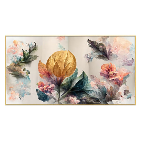 Luxurious Art of Golden Flowers Floating Frame Canvas Wall Painting