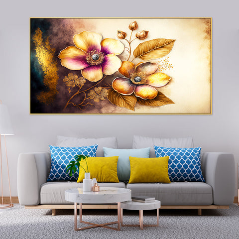 Abstract Golden Flower Frame Canvas Painting for Bedroom, Living Room Wall DÃ©cor